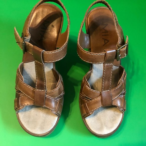 Mia Joplyn Brown Leather/Wood Wedge Sandals, Size 8, Excellent Condition - Picture 6 of 12